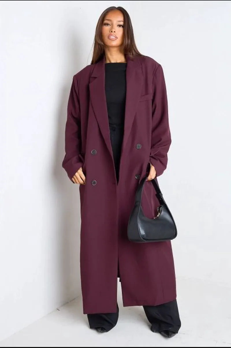 Manteau long type blazer prune
