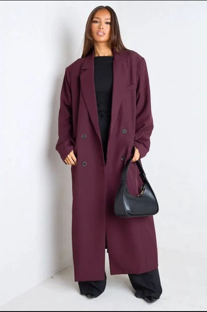Manteau long type blazer prune