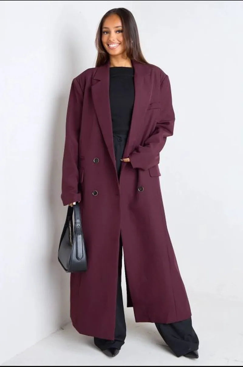 Manteau long type blazer prune