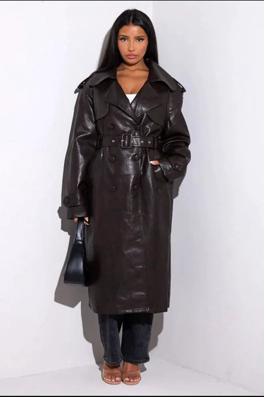 Long brown leather coat