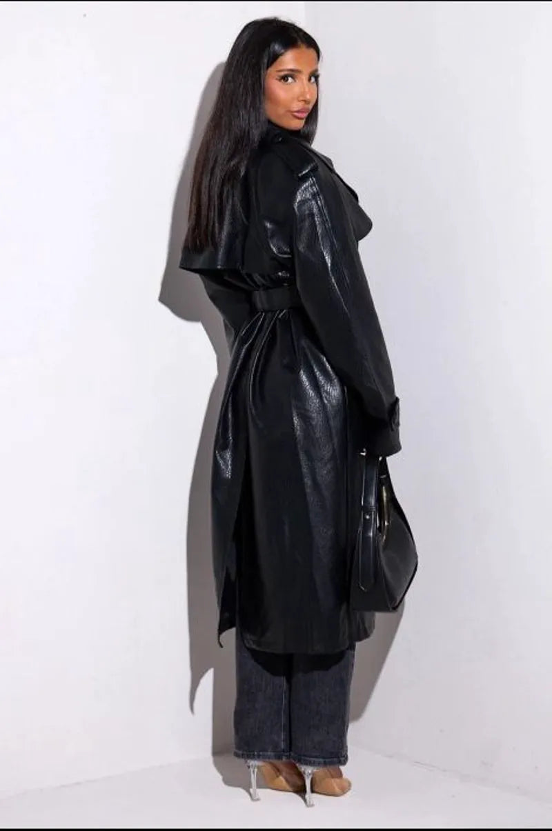 Long black leather coat