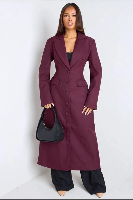 Manteau style blazer long cintré bordeaux