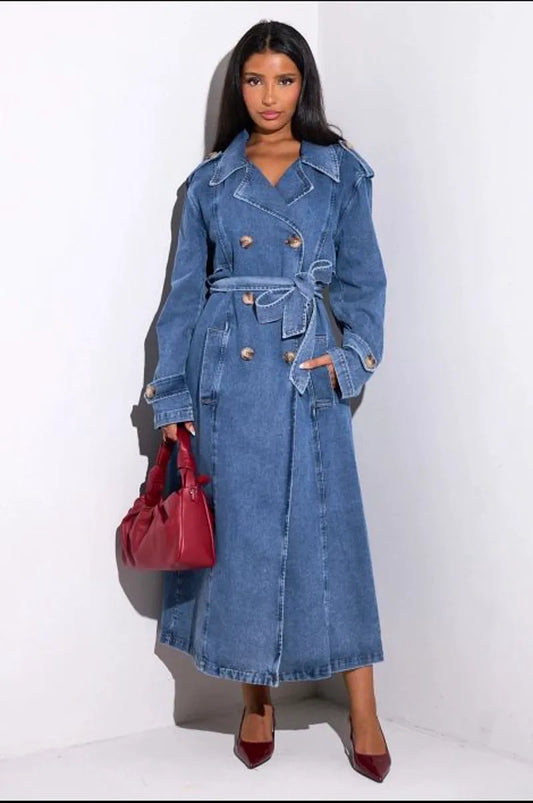 Long blue denim trench coat