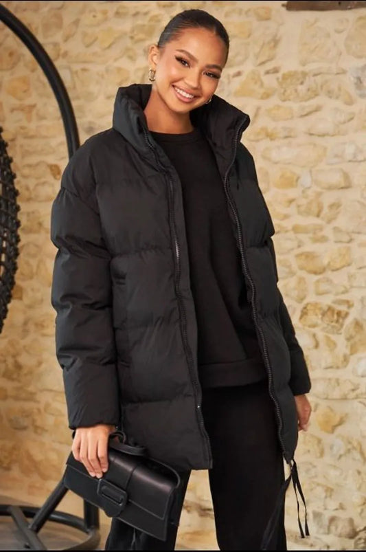 Mid-length black quilted down jacket