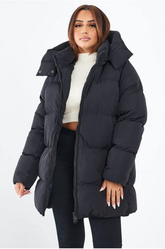 Mid-length black quilted down jacket