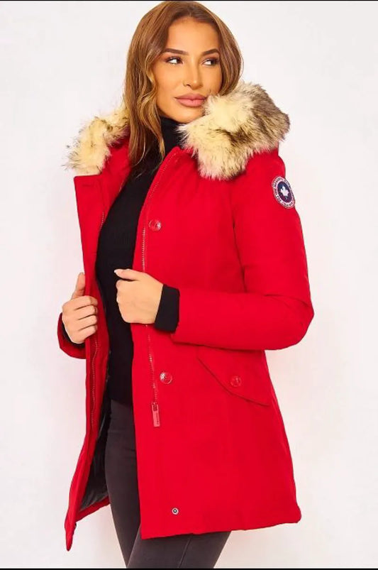 Mid-length red parka with fur hood