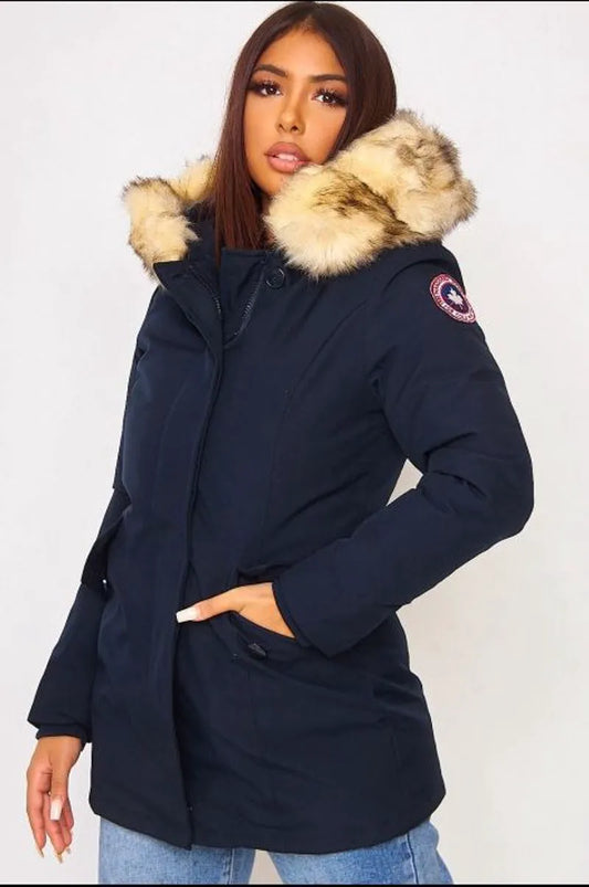Navy blue mid-length parka with beige faux fur hood
