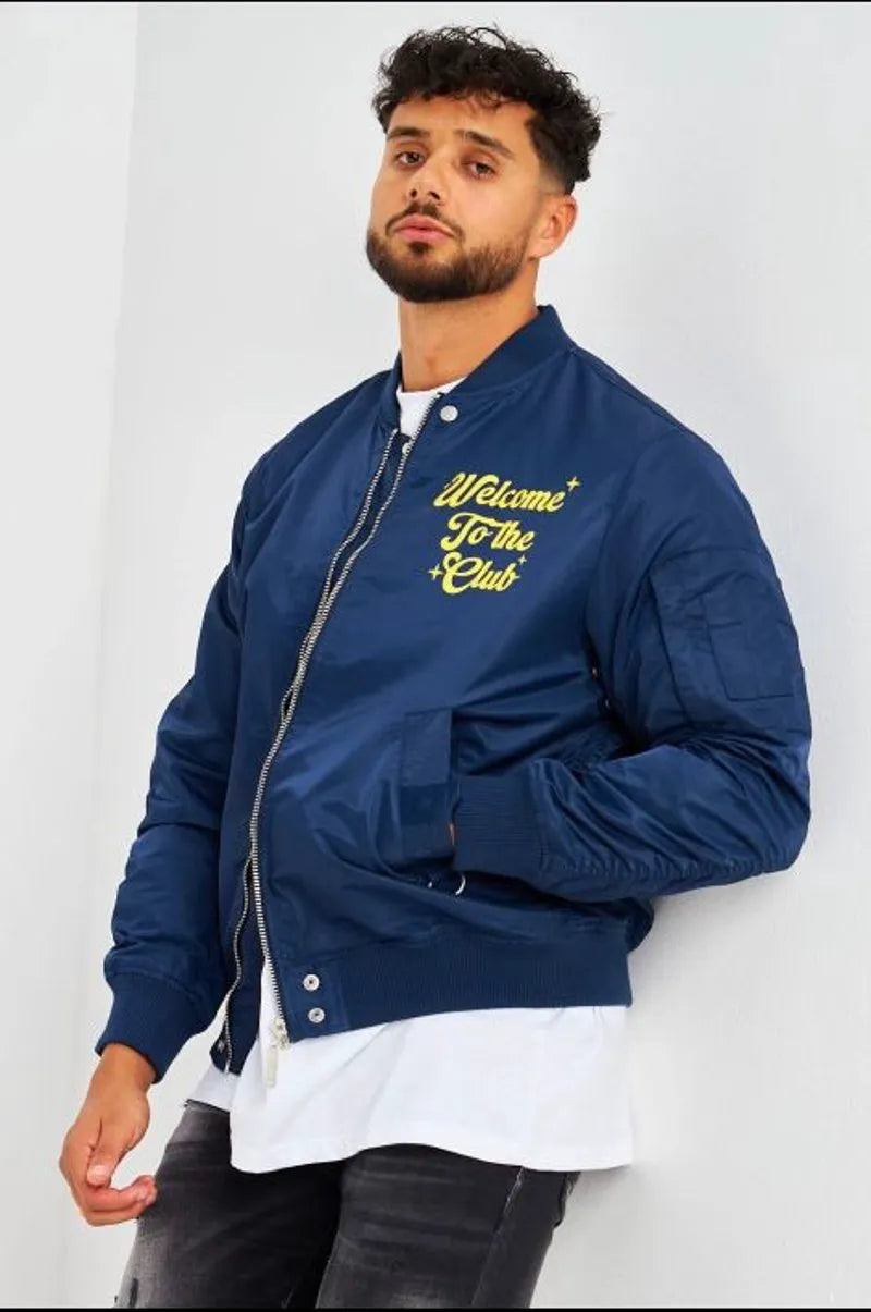 Navy blue "welcome to the club" bomber jacket
