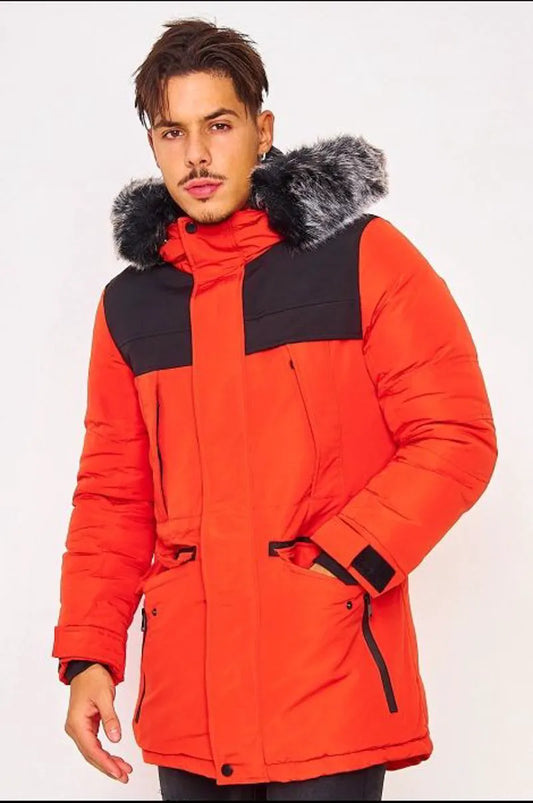 Orange/black parka with fur-lined hood