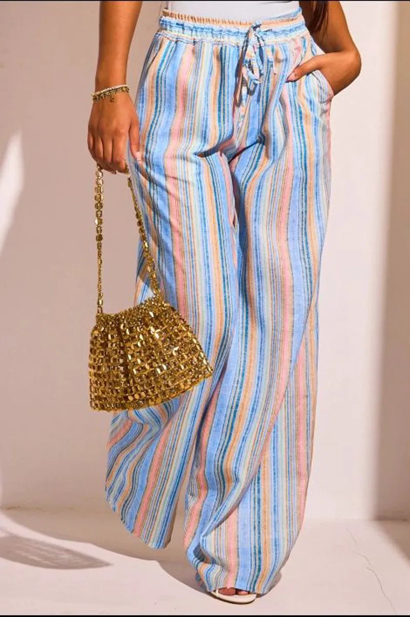 Pantalon fluide bleu à rayures multicolore