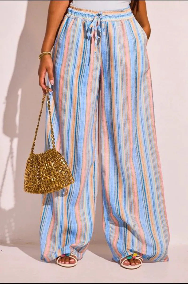 Pantalon fluide bleu à rayures multicolore
