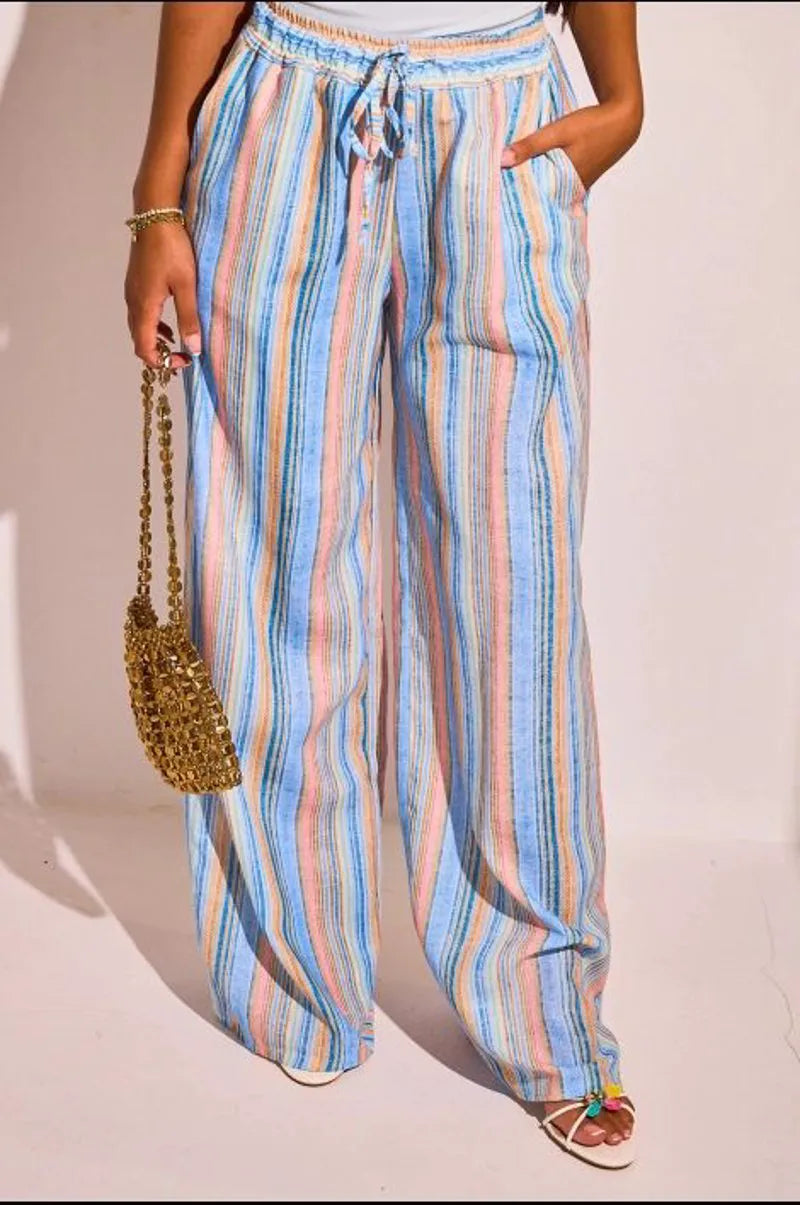 Pantalon fluide bleu à rayures multicolore