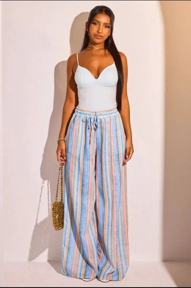 Pantalon fluide bleu à rayures multicolore