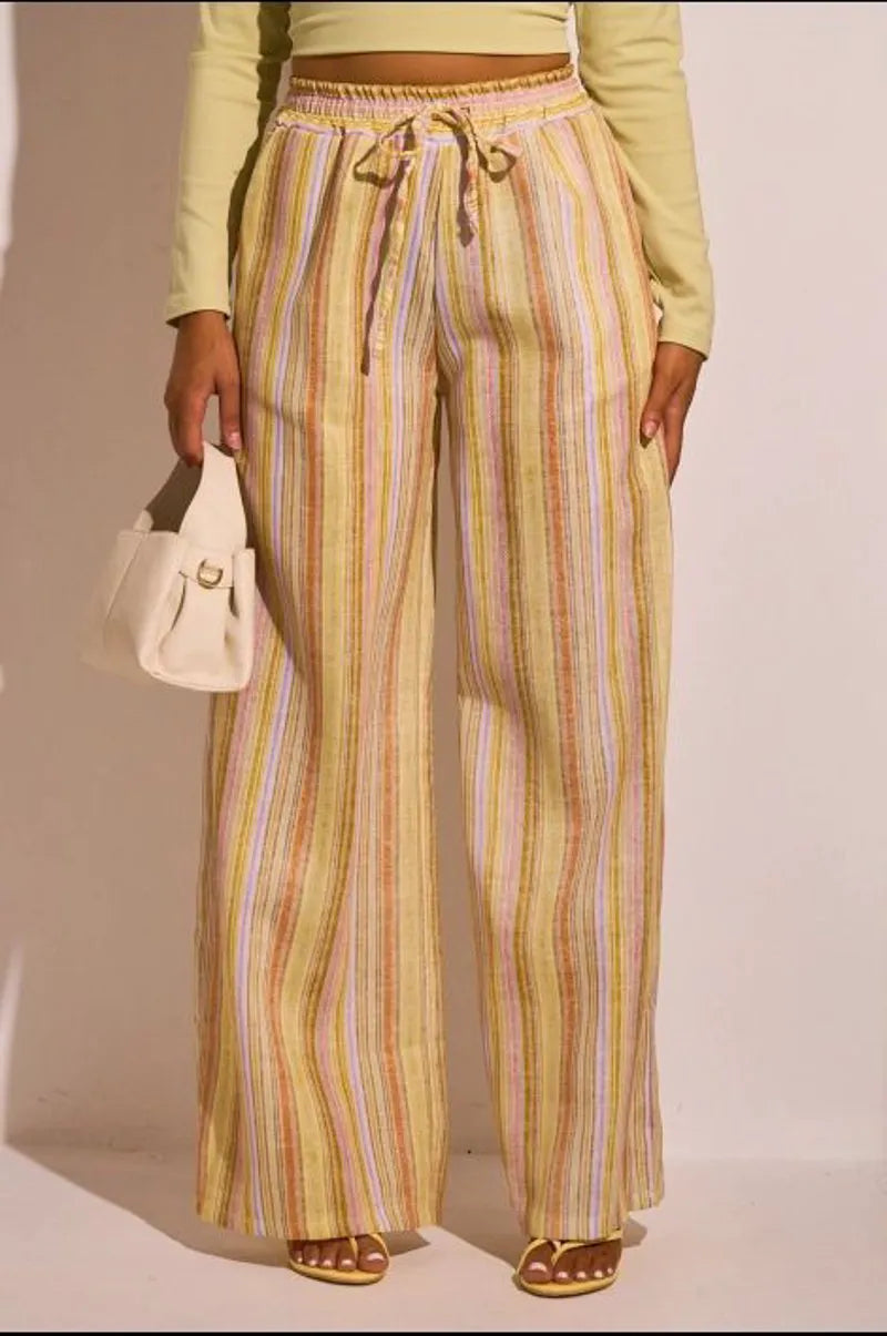 Pantalon fluide jaune à rayures multicolore