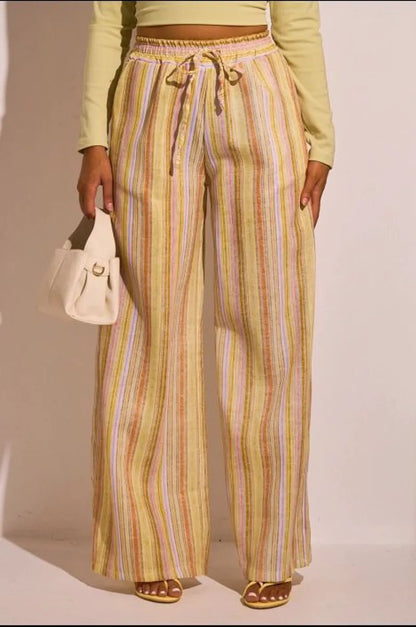 Pantalon fluide jaune à rayures multicolore
