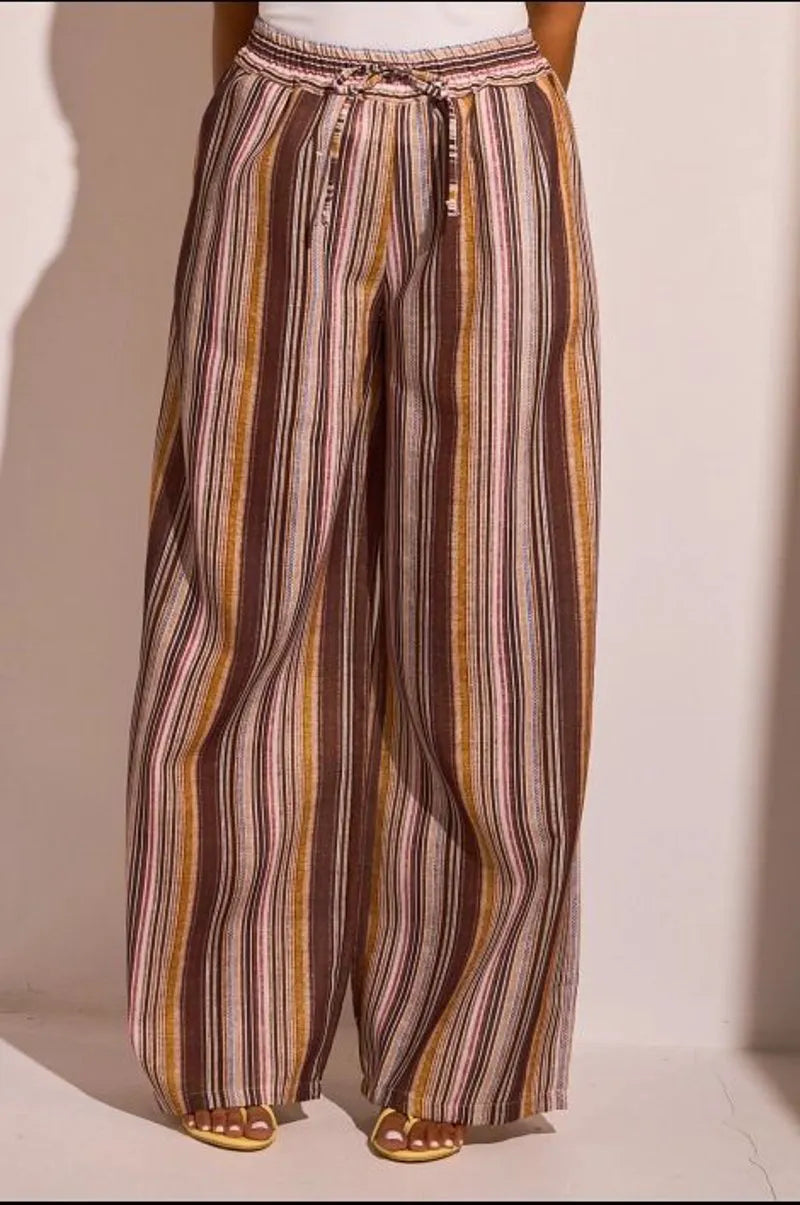 Pantalon fluide marron foncé et jaune à rayures multicolore
