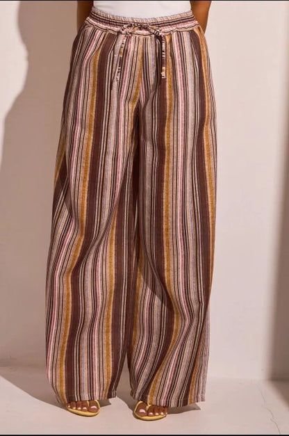 Pantalon fluide marron foncé et jaune à rayures multicolore