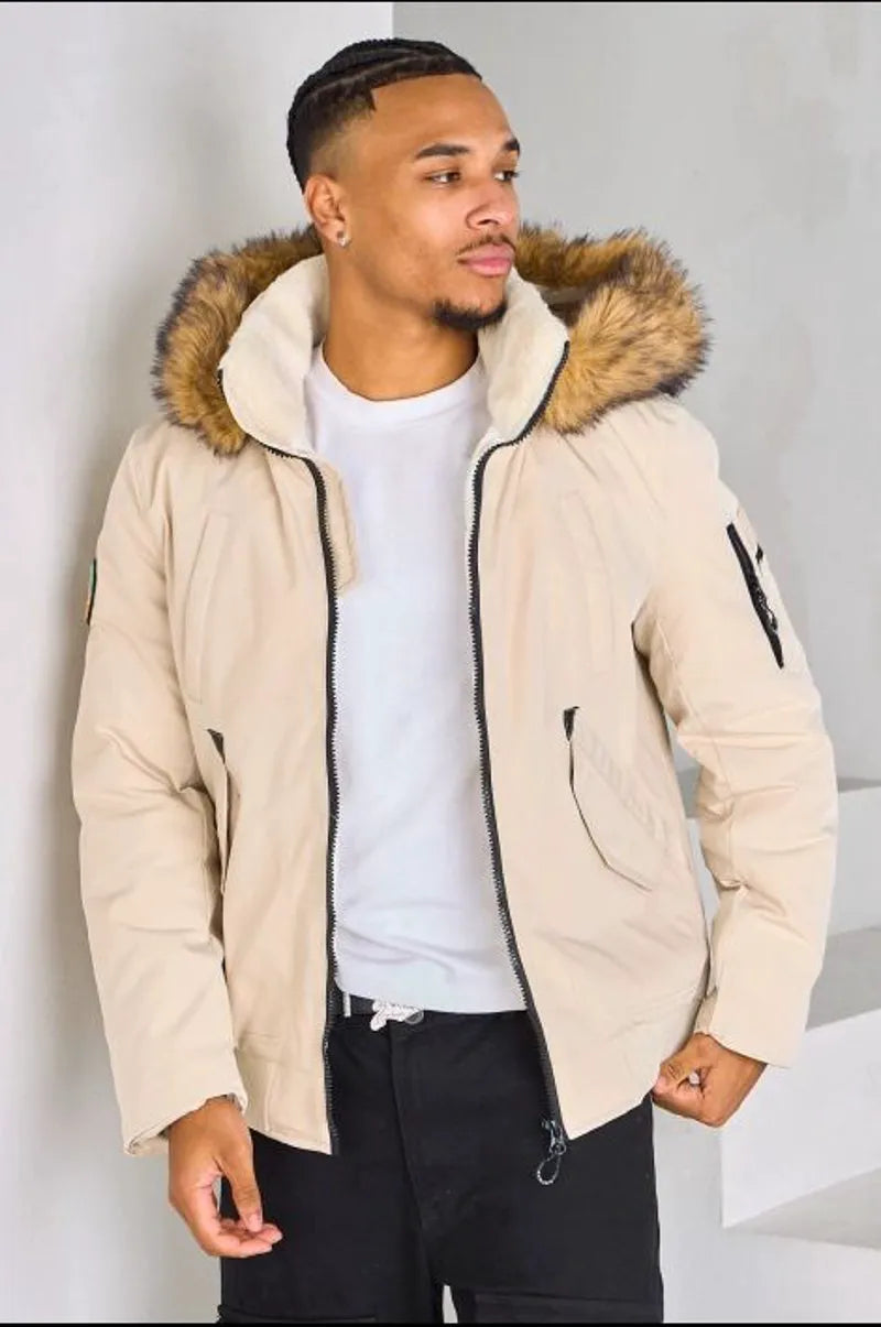 Beige hooded parka with fur trim