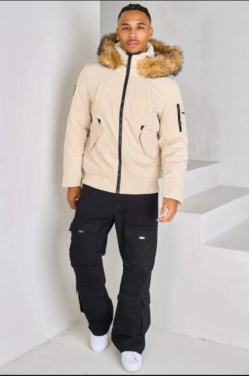 Beige hooded parka with fur trim