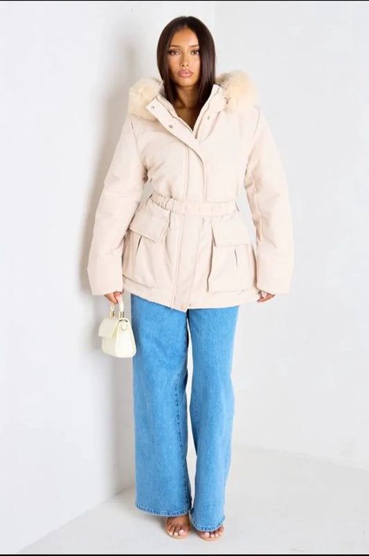 Beige fitted short parka with faux fur hood