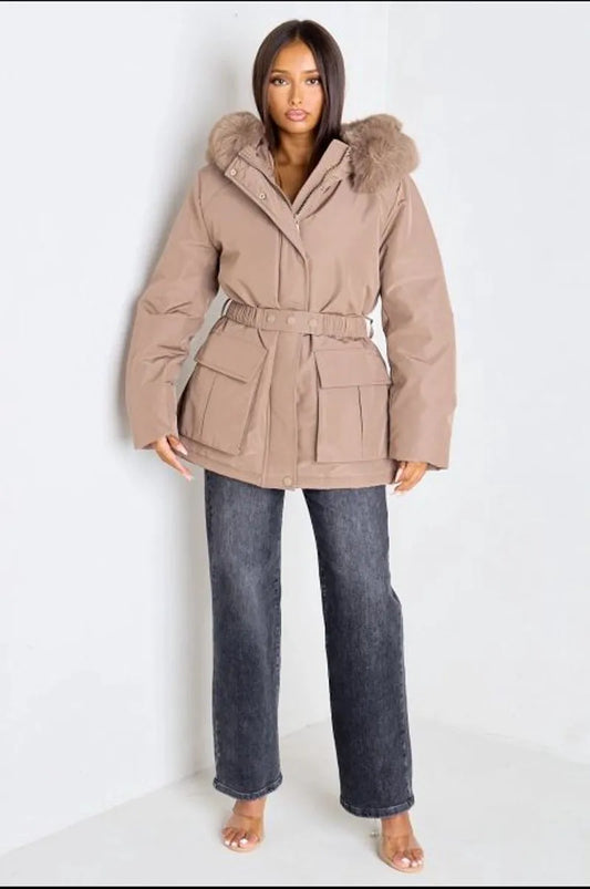 Taupe fitted short parka with faux fur hood