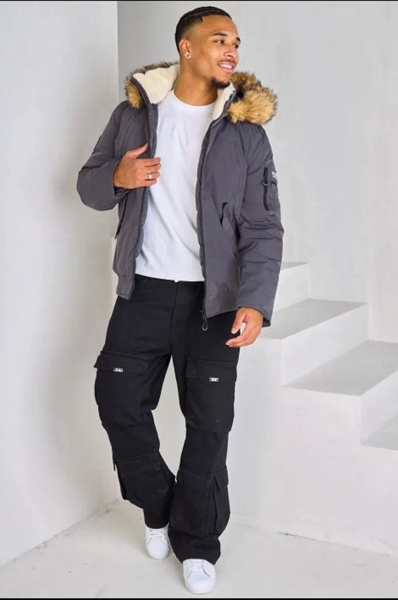 Dark gray hooded parka with fur trim