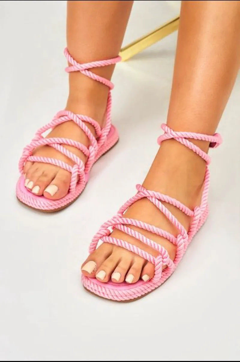 Pink braided rope ankle-tie sandals