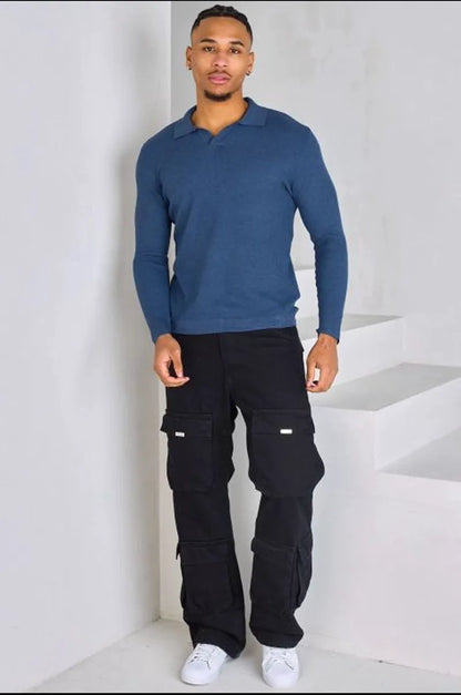 Heathered blue long-sleeve polo
