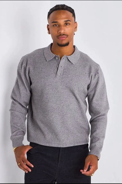 Polo gris effet maille à manches longues et col rabat