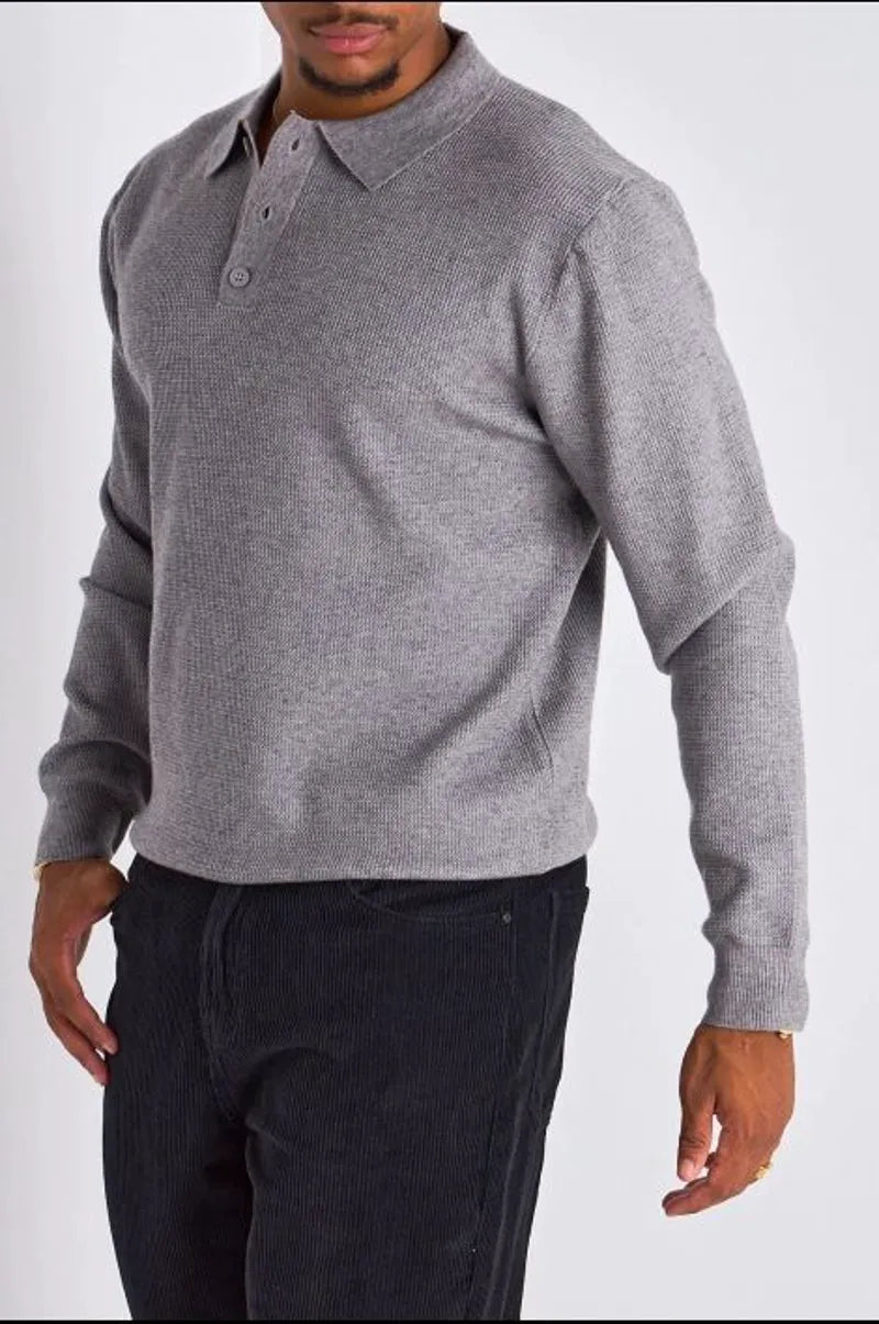 Polo gris effet maille à manches longues et col rabat