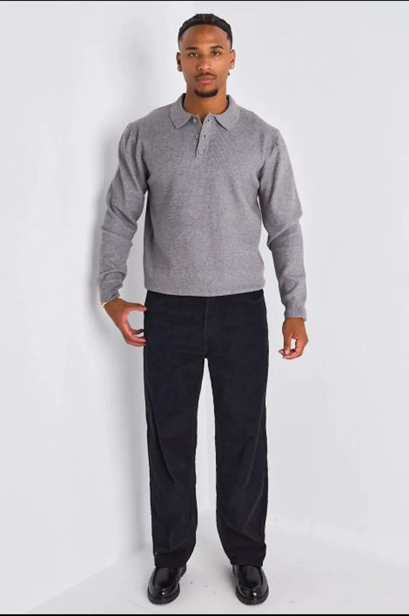 Polo gris effet maille à manches longues et col rabat