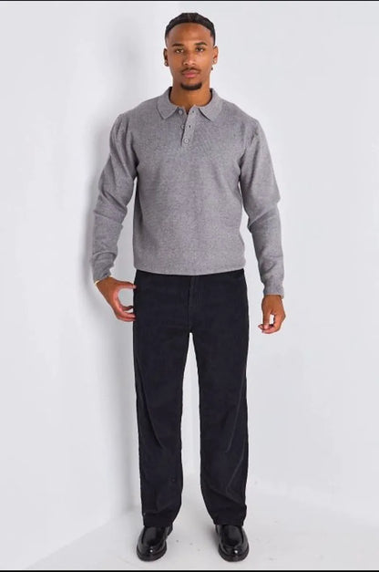 Polo gris effet maille à manches longues et col rabat