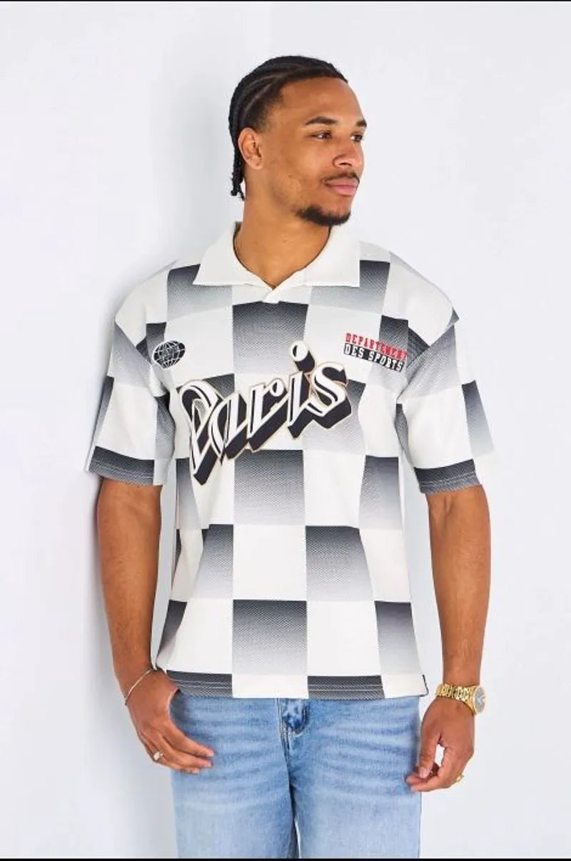 Polo manches courtes à carreaux et inscriptions beige