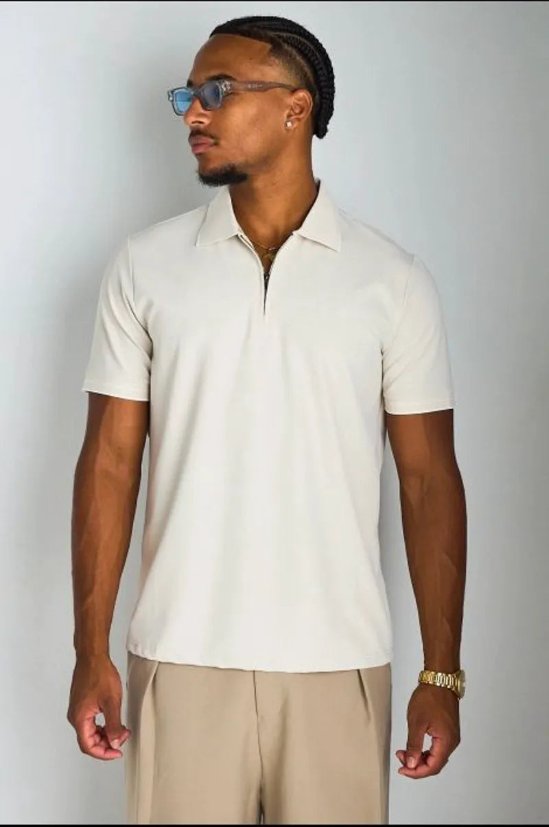 Polo manches courtes à col zippé beige