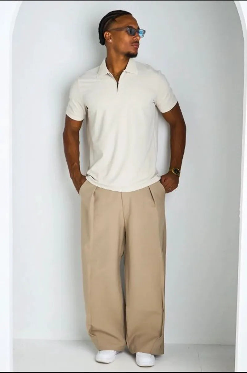 Polo manches courtes à col zippé beige