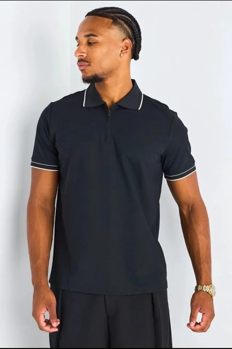 Polo manches courtes à col zippé noir