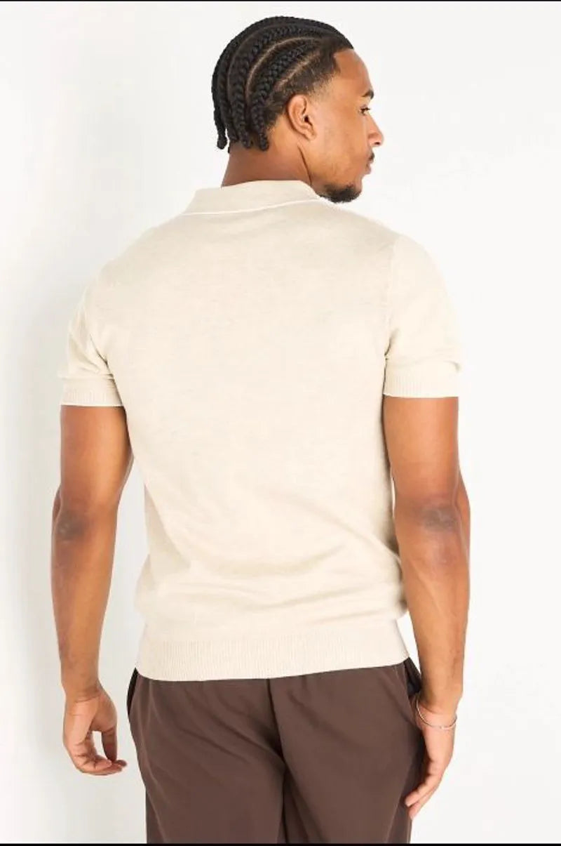 Polo manches courtes beige à bandes blanches