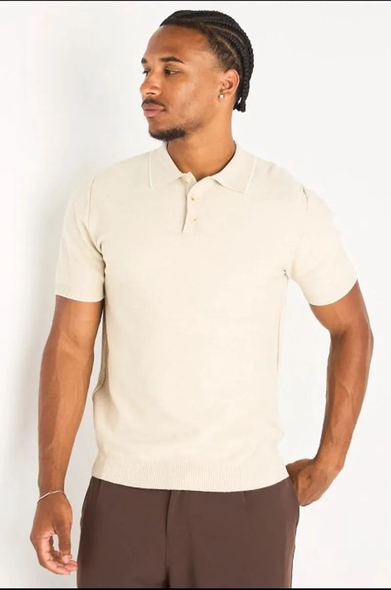 Polo manches courtes beige à bandes blanches