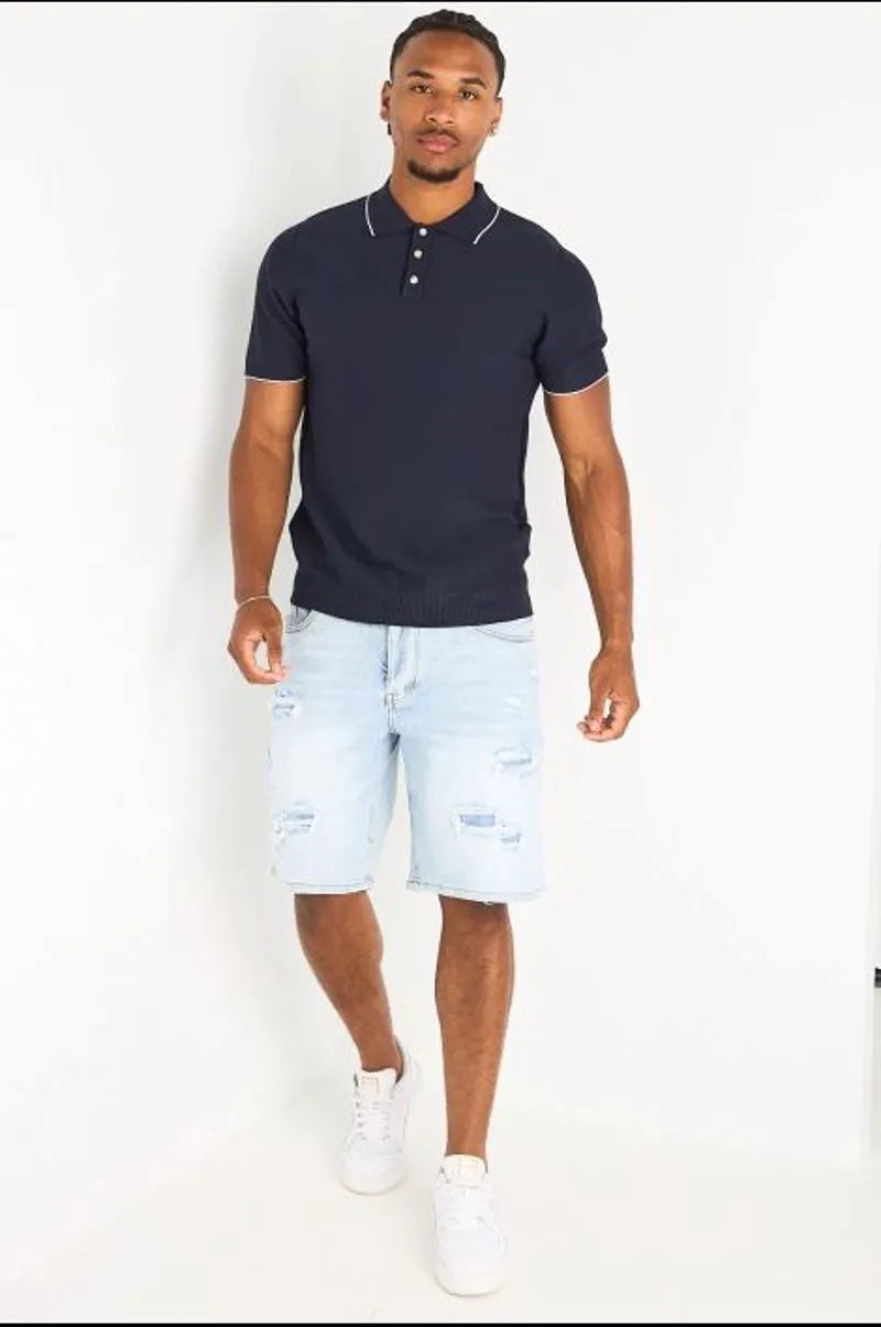 Polo manches courtes bleu foncé à bandes blanches