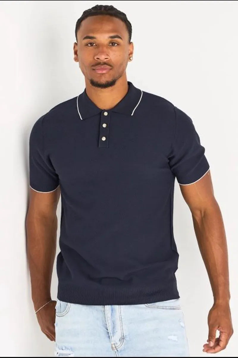 Polo manches courtes bleu foncé à bandes blanches