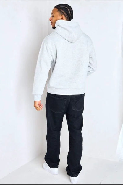 Light gray hooded sweatshirt with long sleeves and inscription