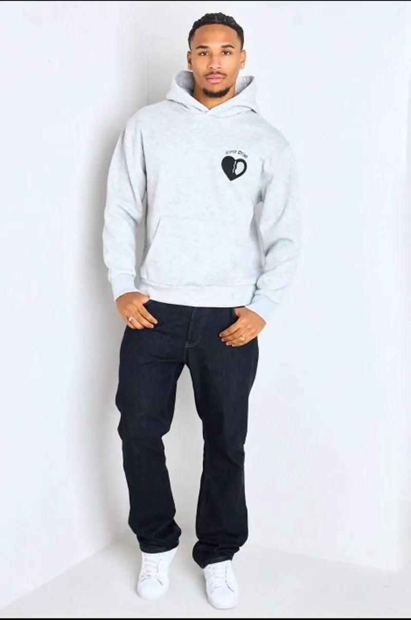 Light gray hooded sweatshirt with long sleeves and inscription