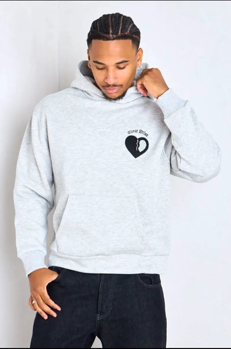 Light gray hooded sweatshirt with long sleeves and inscription