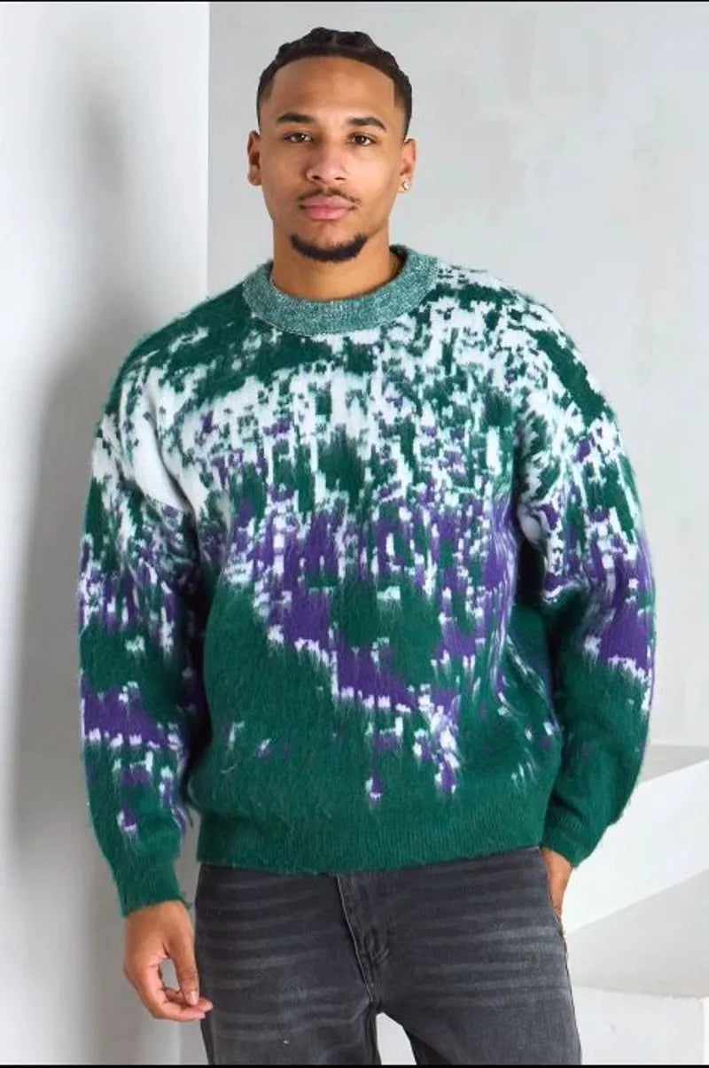 Pull à col rond effet laine motifs abstraits vert