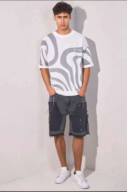 Two-tone white and gray short-sleeve sweater