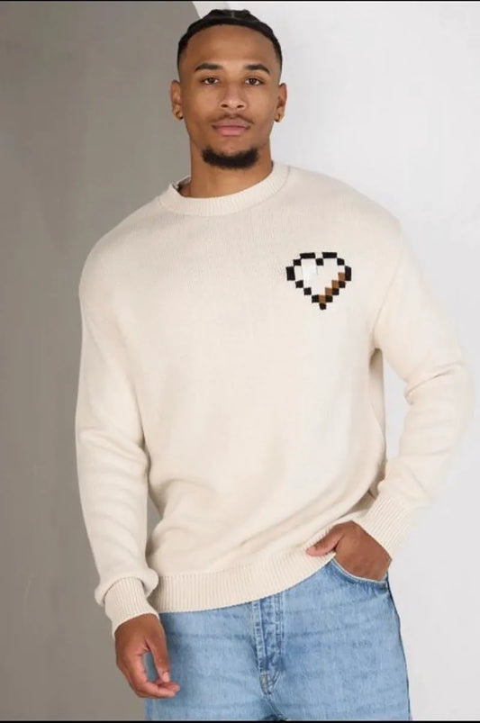 Pixelated heart print beige sweater