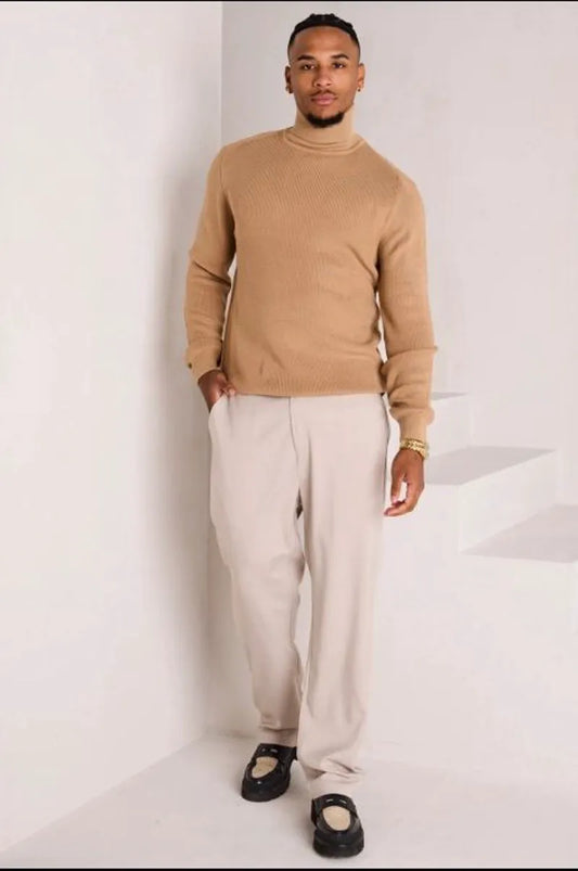 Dark beige ribbed turtleneck sweater