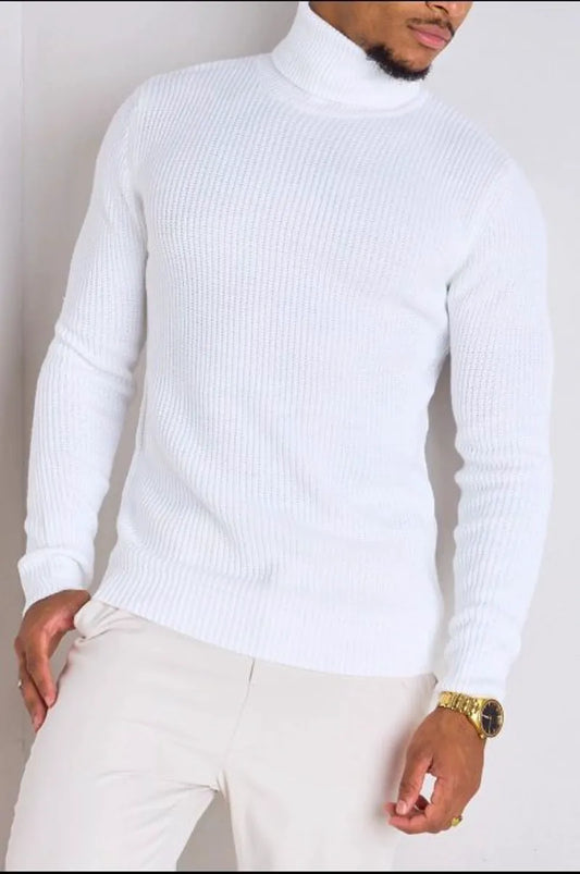 White knitted turtleneck sweater