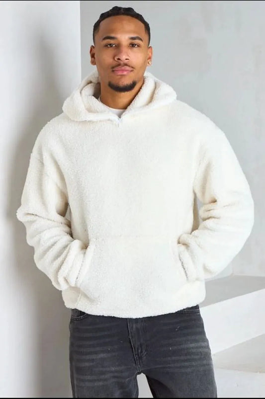 Pull blanc manches longues à capuche effet mouton