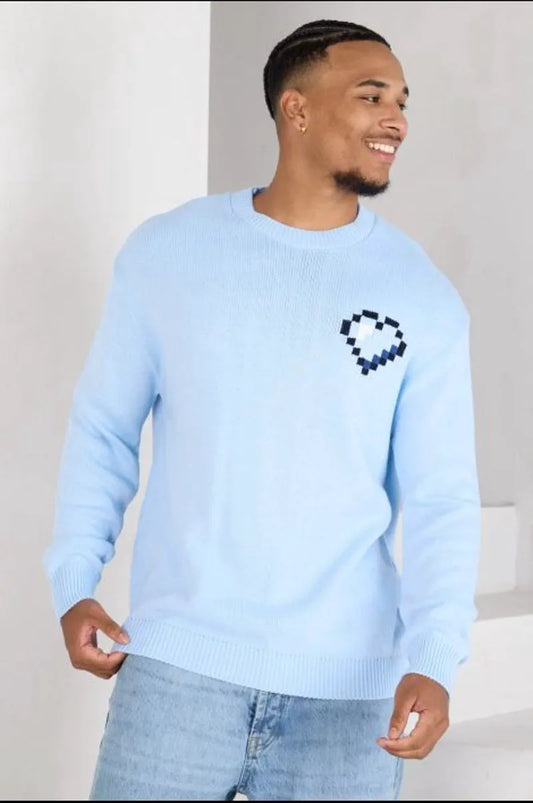 Pixelated heart print blue sweater